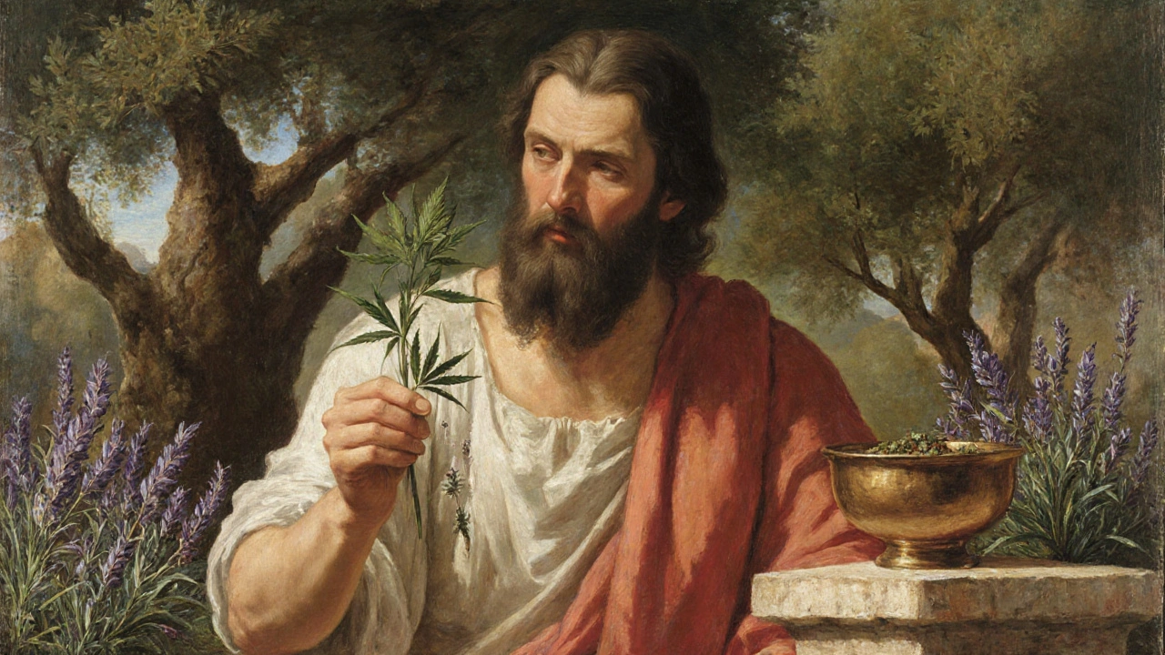 Hippokrates zkoumá listy konopí v antickém řeckém zahradním prostředí.