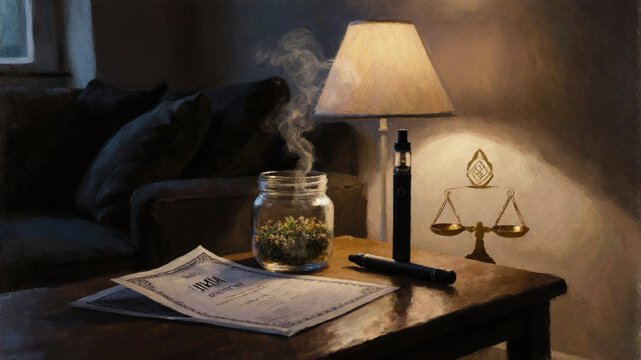 Obývací pokoj s COA, HHC květem v jar a diskrétním vape cartridge, atmosféra klidu.