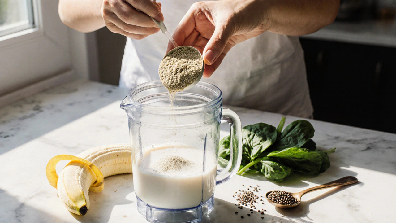Příprava smoothie s konopným proteinem, banánem, špenátem a mandlovým mlékem v kuchyni.