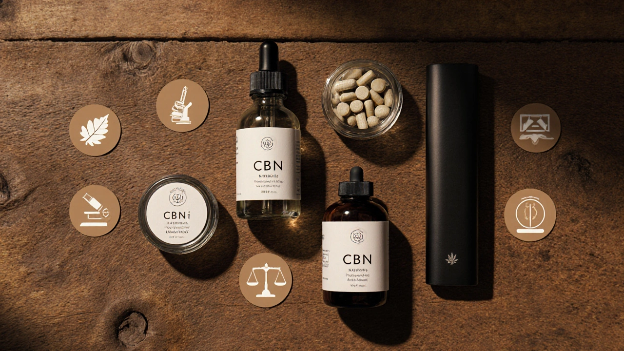 Rozložení produktů CBN – olej, kapsle, gel, vape – na dřevěném podkladu s ikonami výběru.