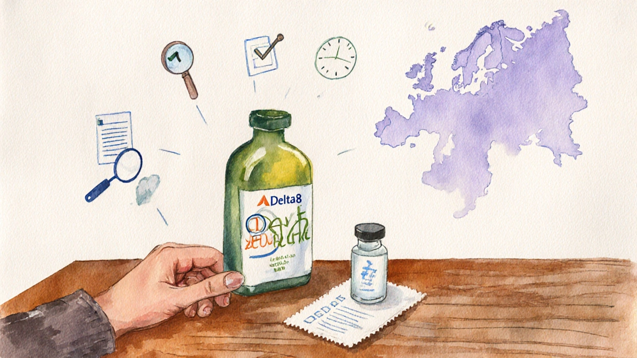 Spotřebitel kontroluje produkt a certifikát, s mapou EU v pozadí.