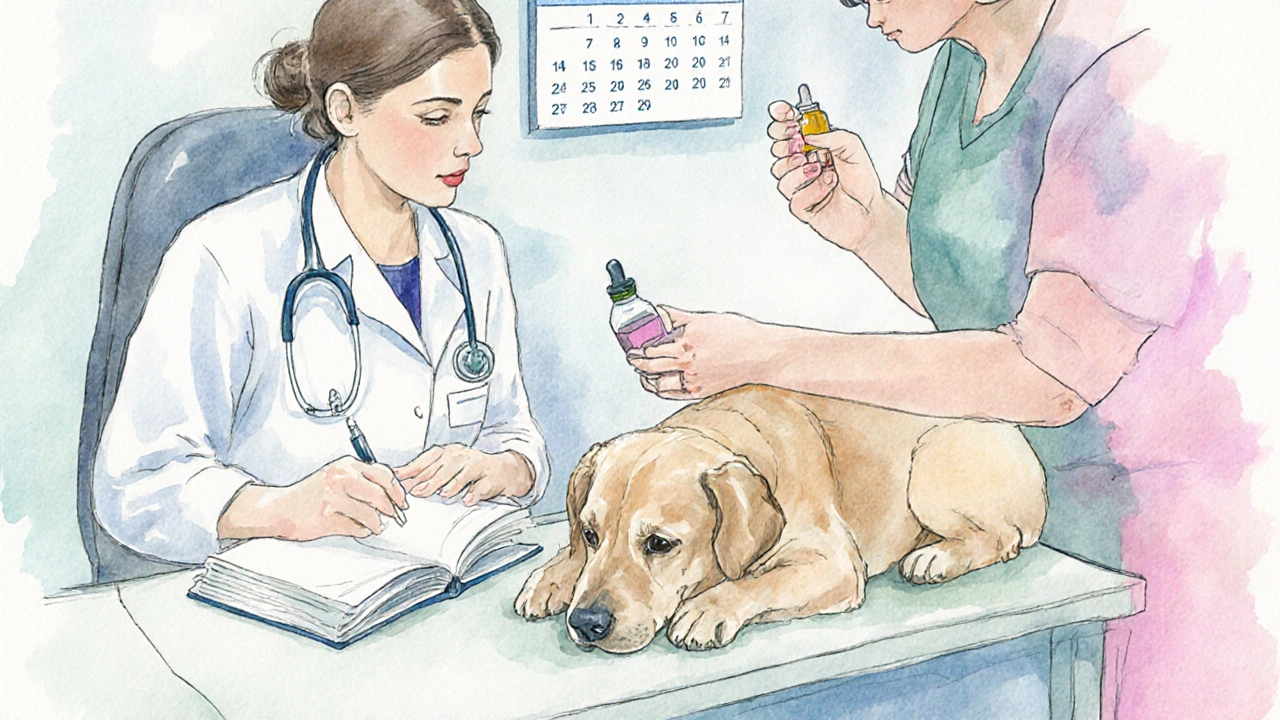 Veterinářka podává CBD kapky psovi během konzultace, oba vypadají klidně.