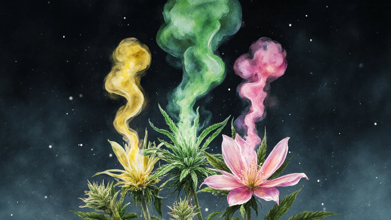 Abstraktní vůně terpenů jako barevné mlhy vystupující z CBD květů.
