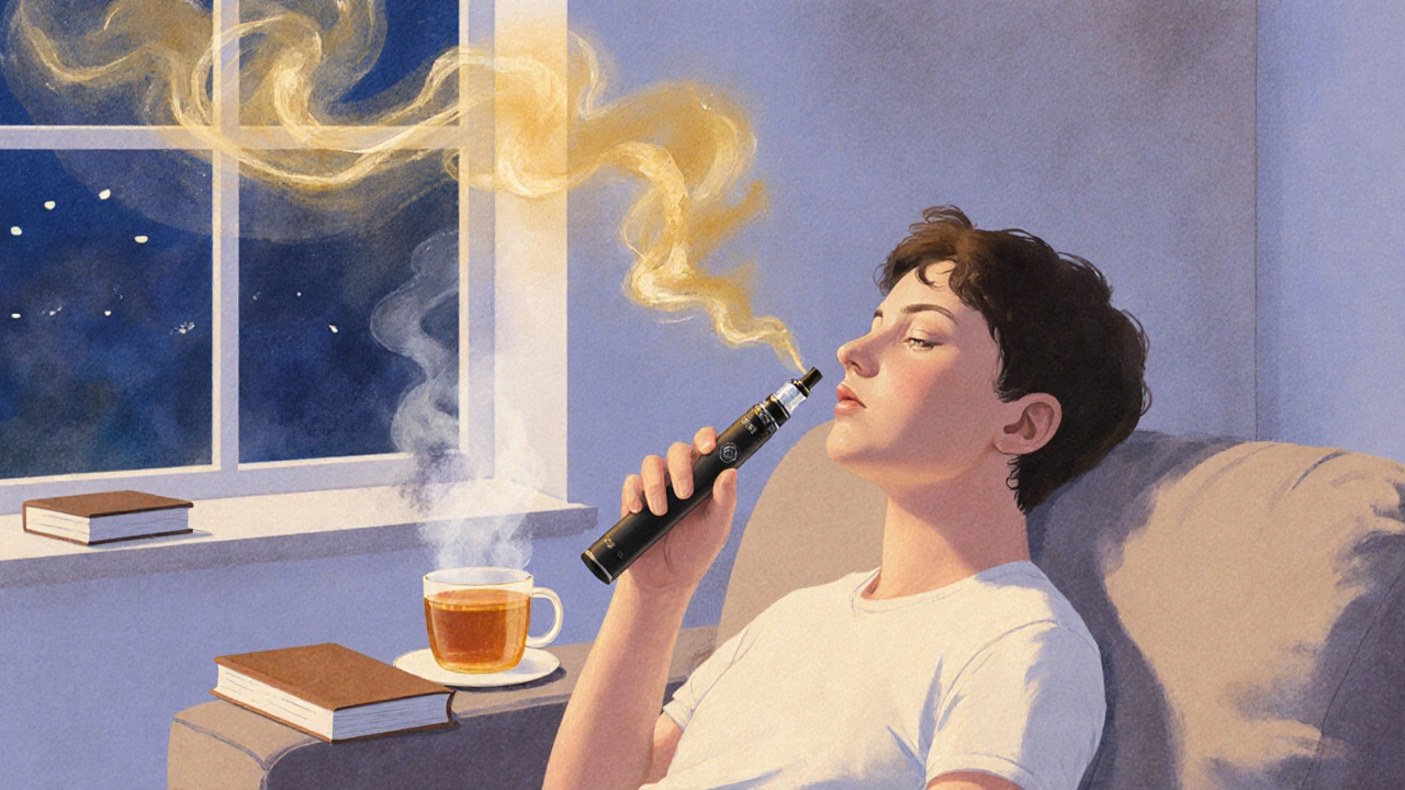 Člověk sedí v klidu s jemnými výparůmi z vape, obklopený prvky klidu a klidným večerním světlem.