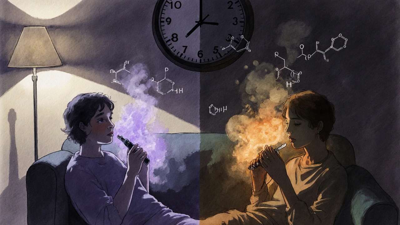 Člověk v temné místnosti užívá vape s HHC-O na jedné straně a kouří konopí s Delta 9 na druhé, večerní osvětlení, dlouhé stíny.