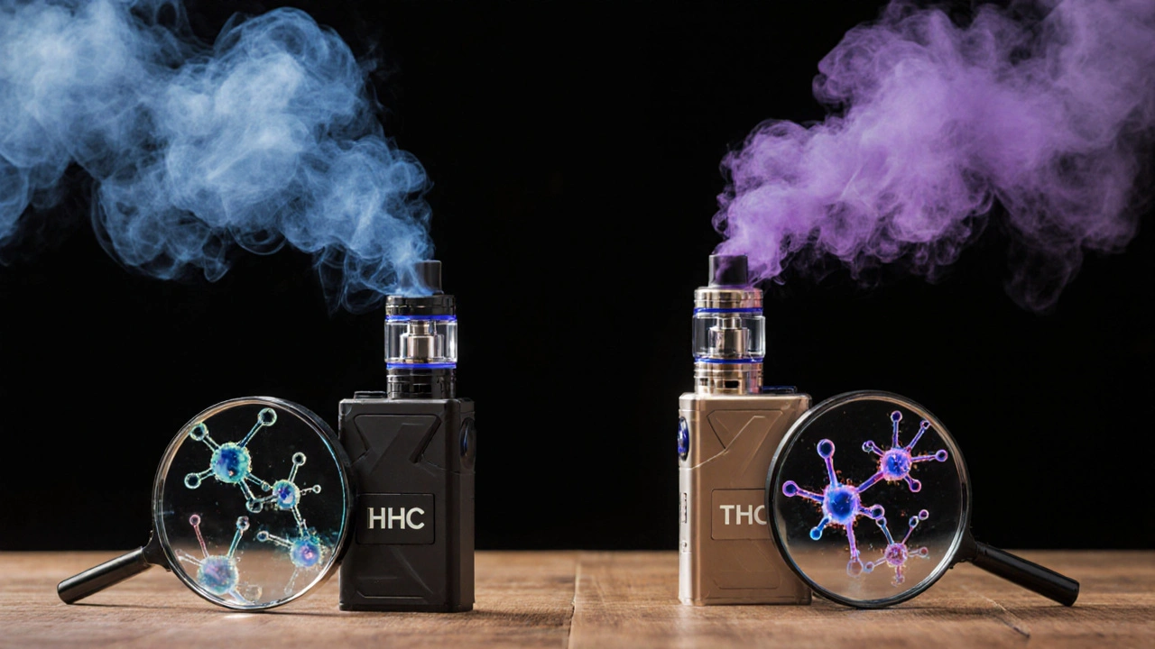Dva vape přístroje vedle sebe: HHC s klidným výparem a THC s turbulentním, znázorňující jejich rozdílné účinky.