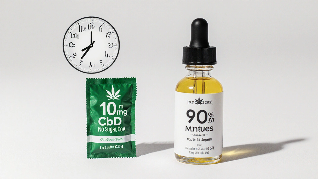 Dva vedle sebe ležící produkt: CBD žvýkačka a olej s časovým odlišením účinku.