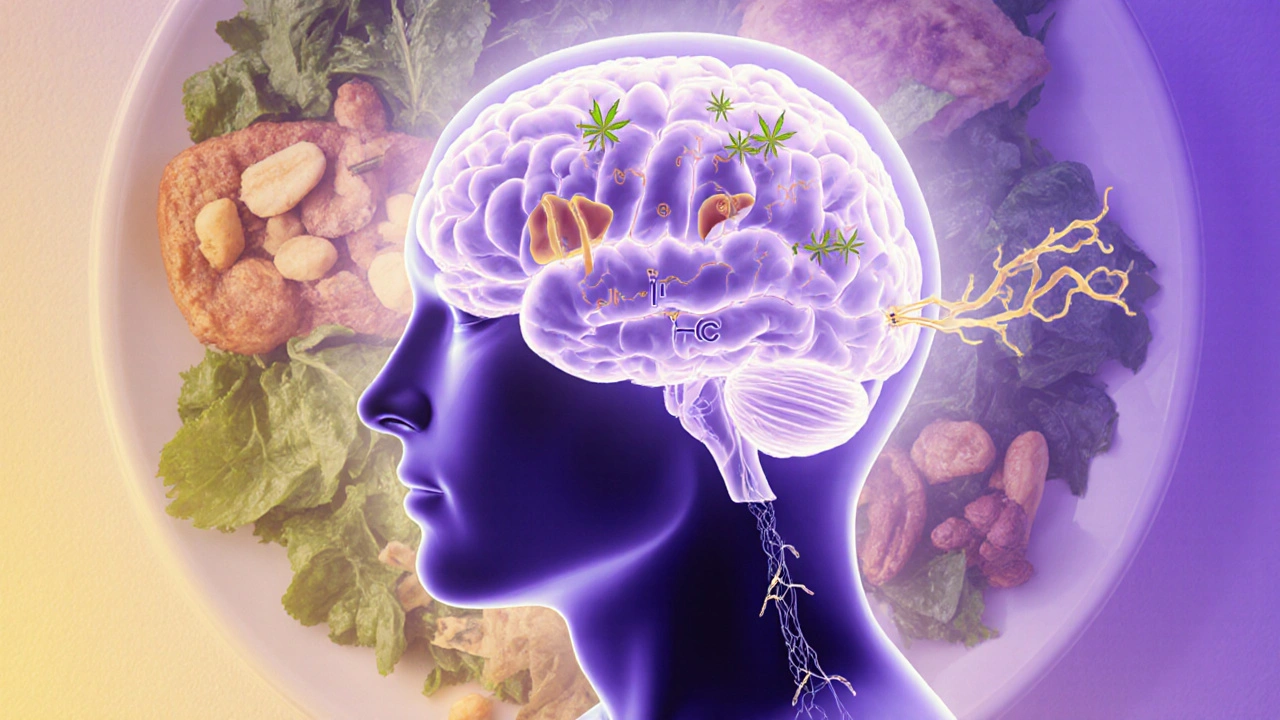 Klíčové biochemické přeměny THC v těle, zobrazené jako světelný tok do mozku.