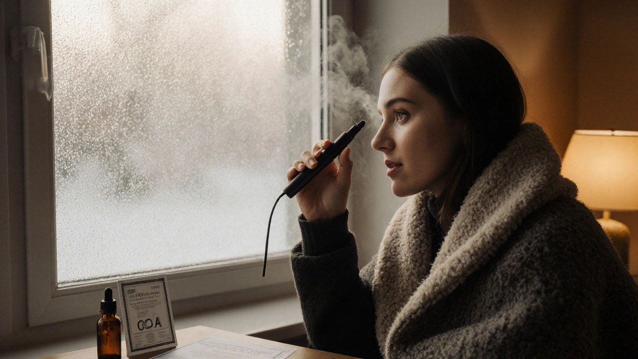 Osoba užívá dab pen v zimním interiéru, vedle ní kapky na oči a certifikát analýzy.