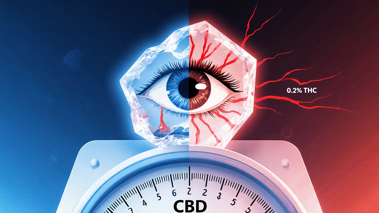 Průhledný CBD shatter s rozdílnými účinky na oko: jedna strana s červenými cévami, druhá bez.