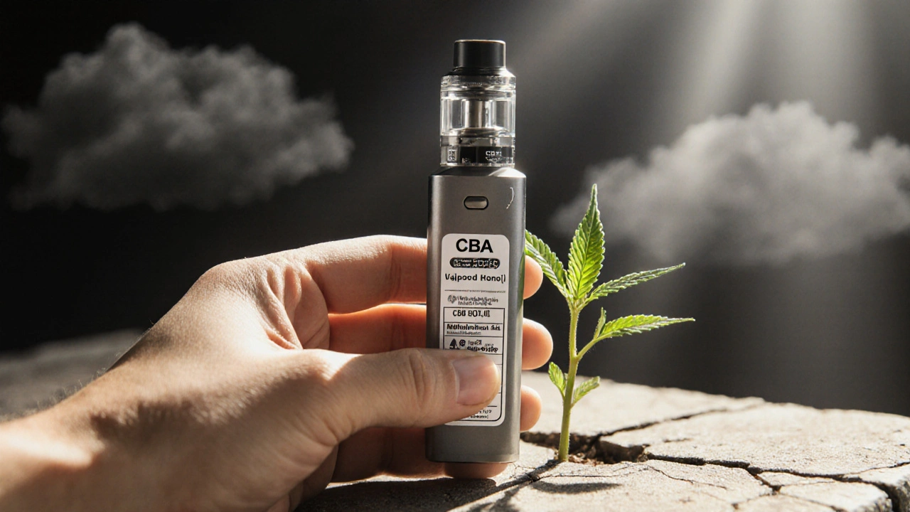 Ruka drží kvalitní CBD vape s certifikátem čistoty, vedle něj roste rostlina z betonu, symbolizující obnovu.