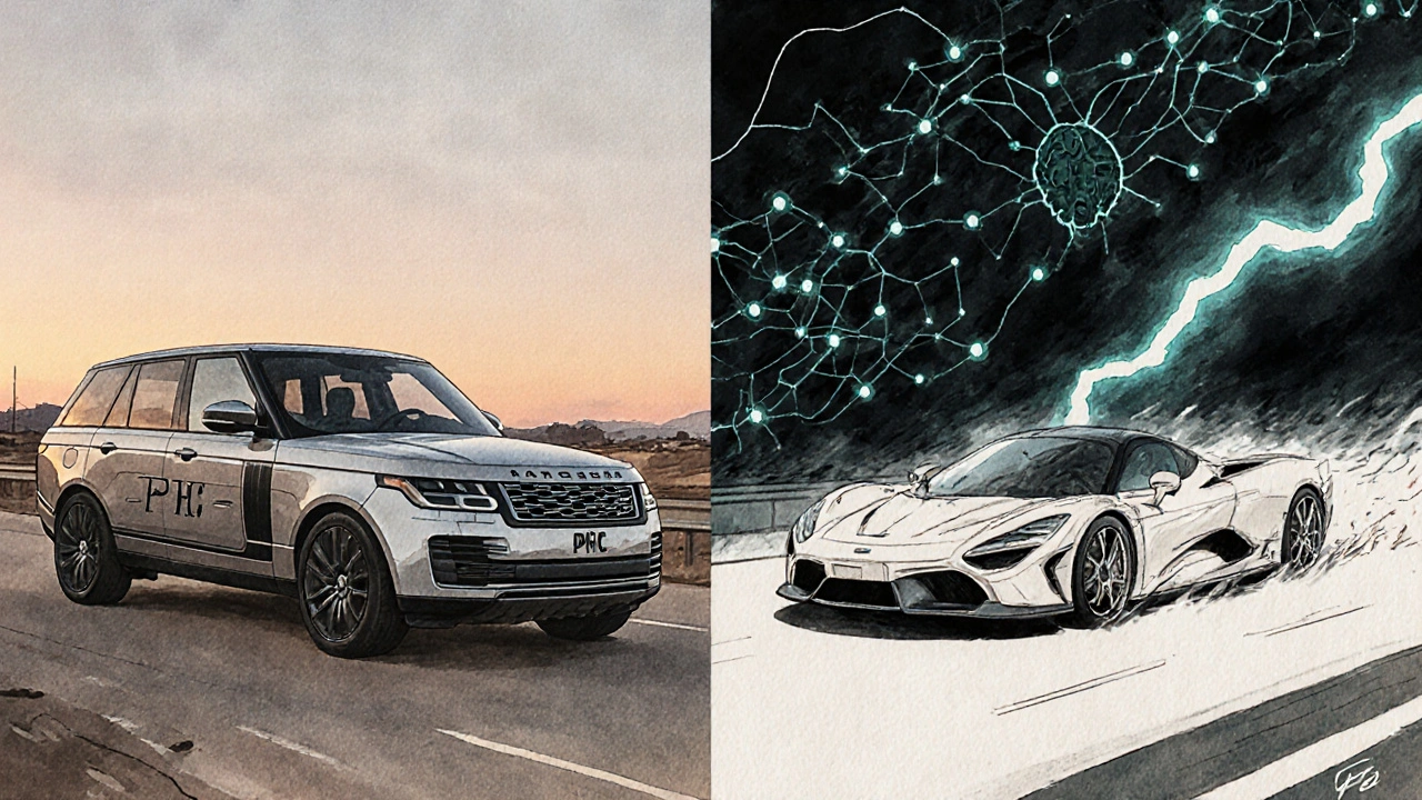 SUV na klidné silnici (PHC) a sportovní auto na bouřlivé silnici (THCP), s abstraktními vzory receptorů v pozadí.