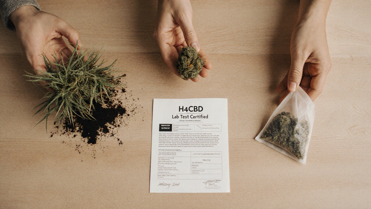 Tři ruce drží různé produkty: certifikovaný CBD květ, nečistý rostlinný materiál a bylinný čaj.