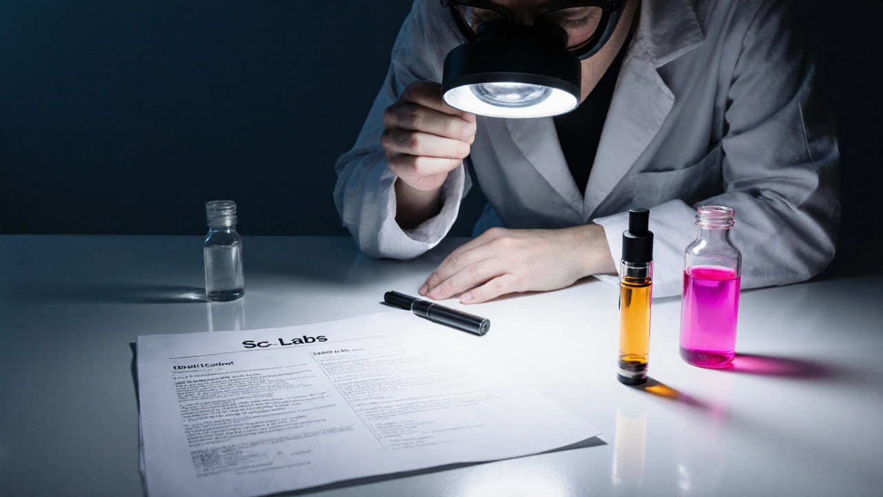 Vědec zkoumá vape cart pod lupou, na stole laboratorní výsledky a falešný cart v růžové barvě.