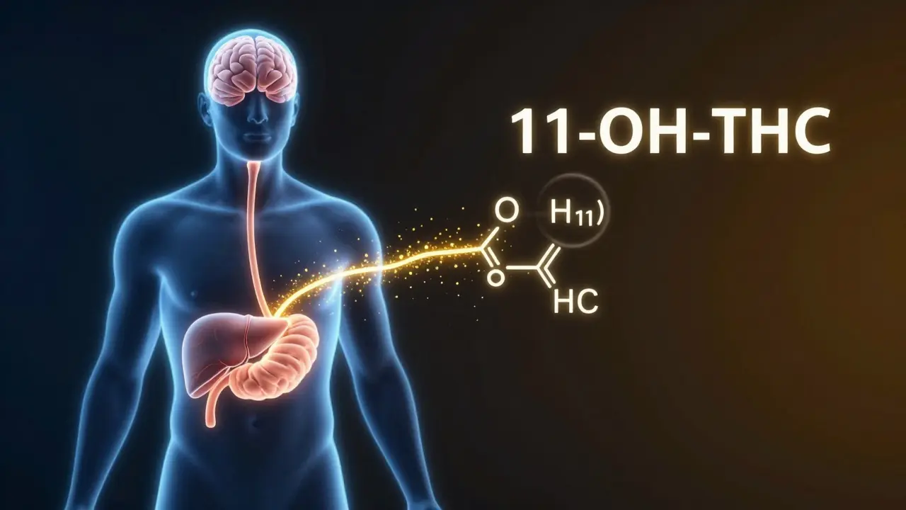 Abstraktní znázornění přeměny THC na 11-OH-THC v těle.