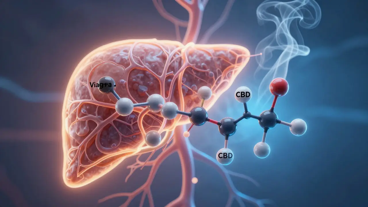 Molekulární struktury CBD a sildenafilu interagují s játry v abstraktním biomedicínském stylu.
