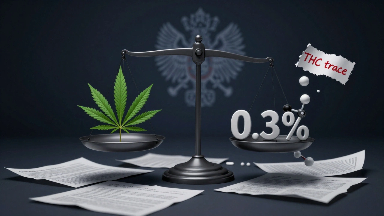 Právní váha s konopím a molekulou CBN, jedna strana převáží kvůli stopám THC.