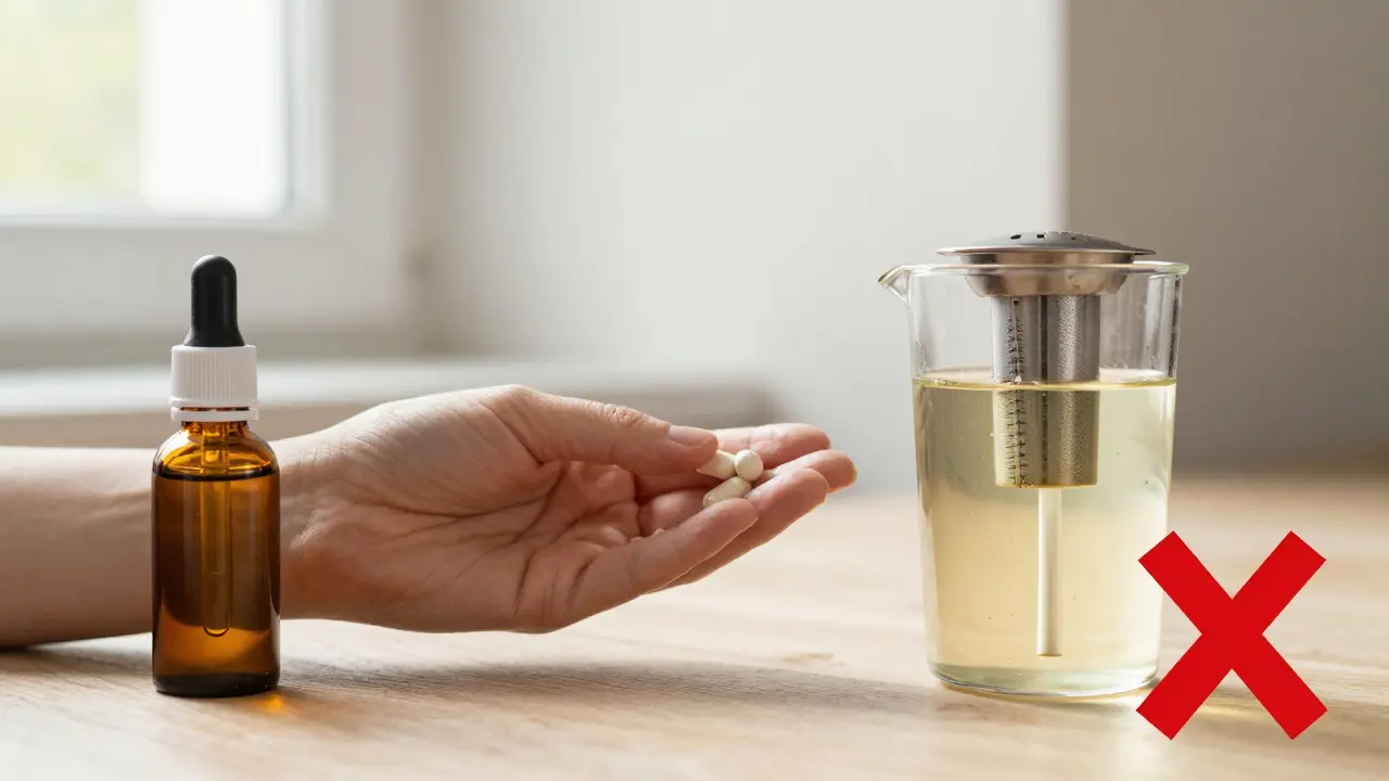 Tři bezpečné alternativy k dabbingu: podjazykový olej, kapsle a čaj, dab rig s červeným křížem.