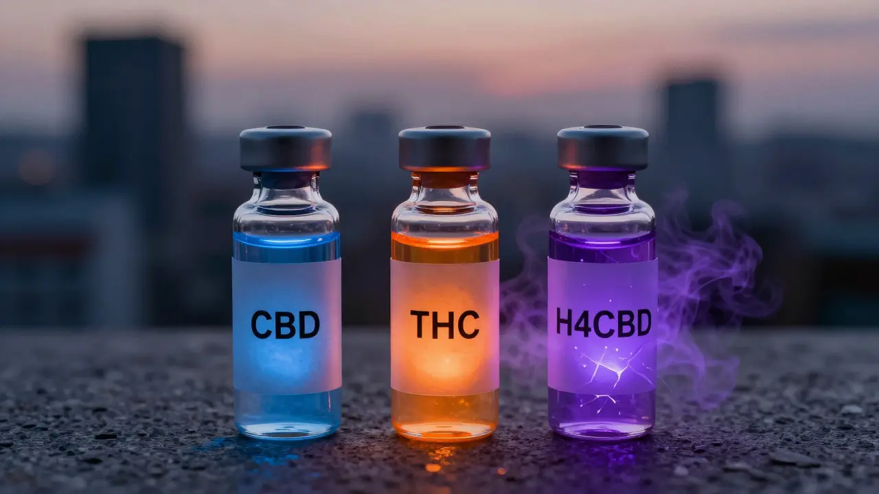 Tři lahvičky s různými kanabinoidy: CBD, THC a H4CBD s různými světelnými efekty