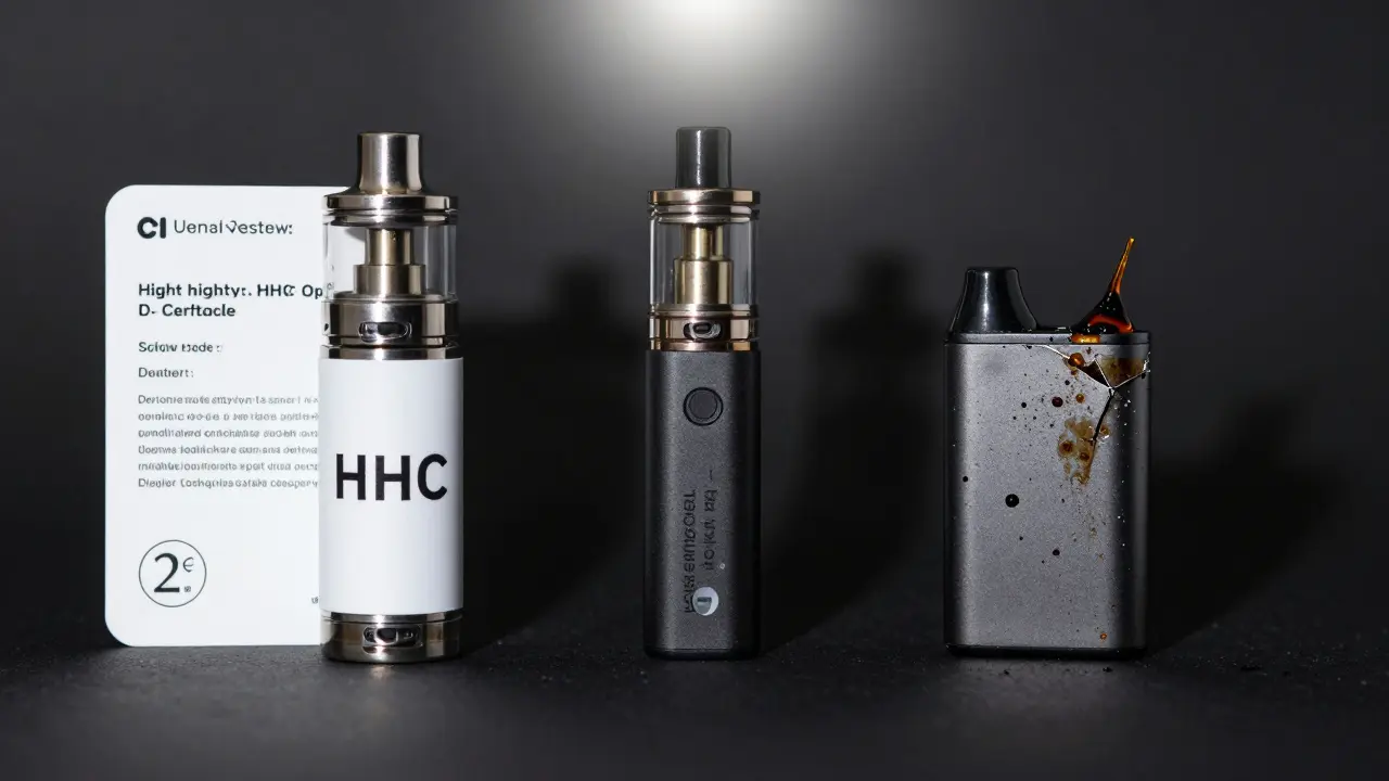 Tři typy vape zařízení s různou kvalitou a certifikátem čistoty.