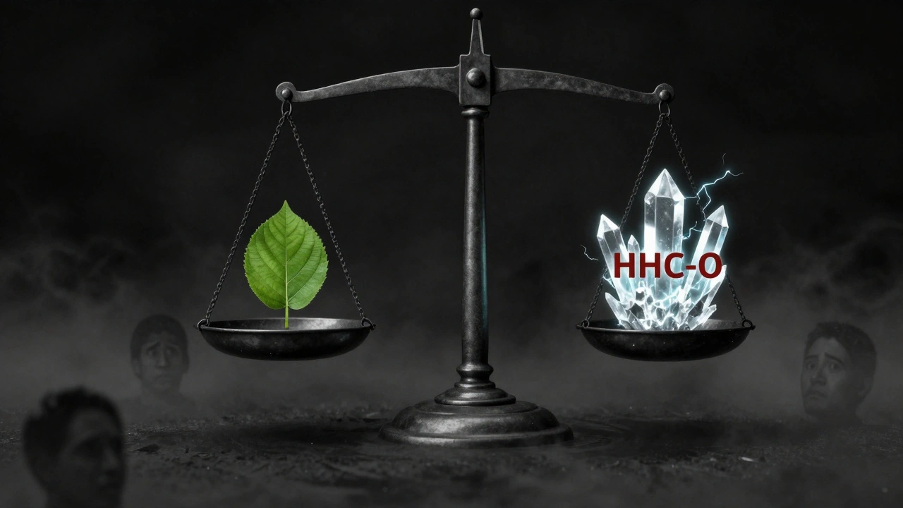 Váha s HHC jako listem a HHC-O jako jiskřícím krystalem nad temnou propastí, symbolizující rizika.