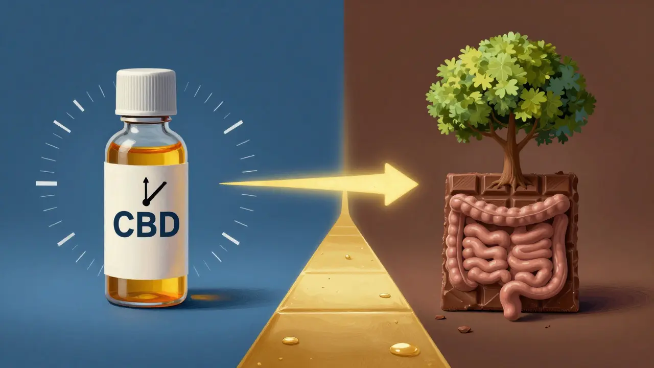 Srovnání rychlého a pomalého účinku CBD: olej vs. čokoláda v symbolickém zobrazení.