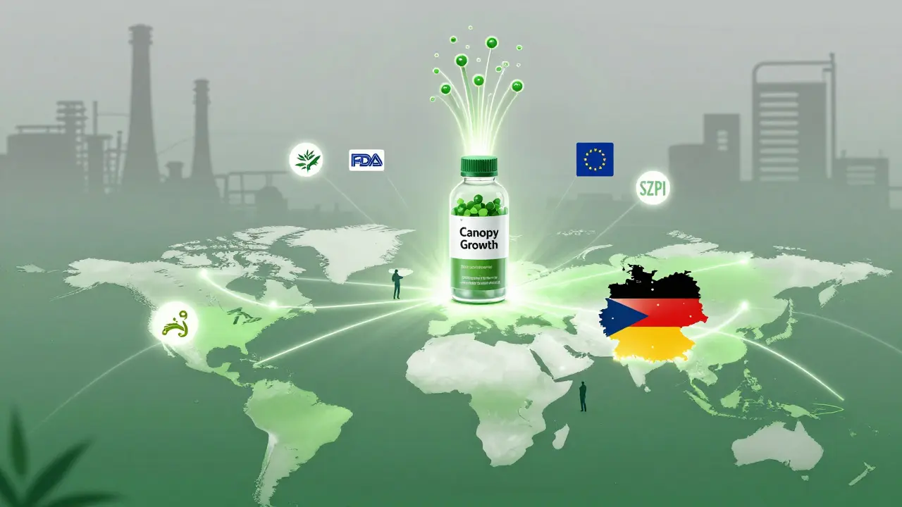 Global map with Canopy Growth bottle at center, connecting Canada, Germany, and Czech Republic with glowing pathways.