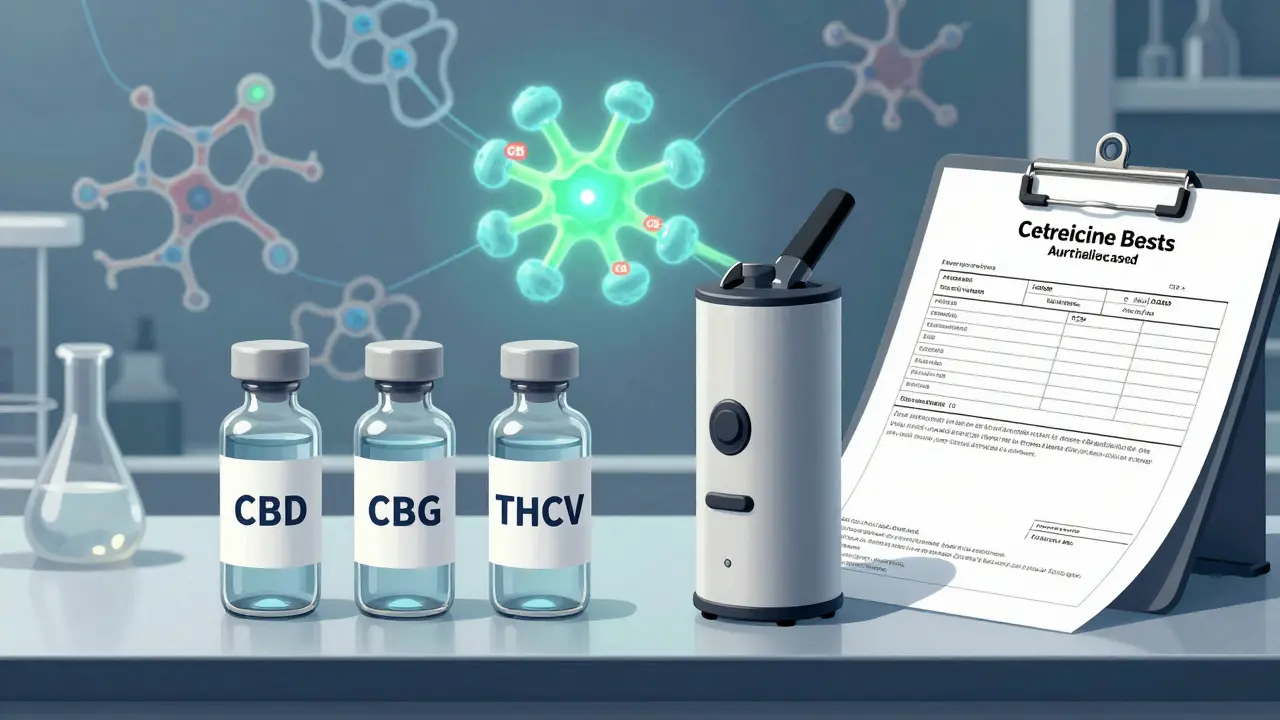 Laboratorní stůl s vialami CBD, CBG a THCV, laboratorní výsledky a světlo reprezentující receptorové účinky.