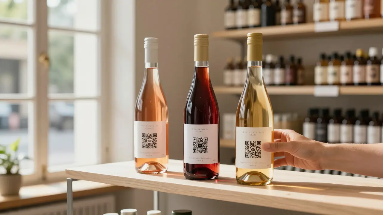 Premium CBD wine bottles on a wooden shelf in a Prague bio-store with natural light and QR codes.
