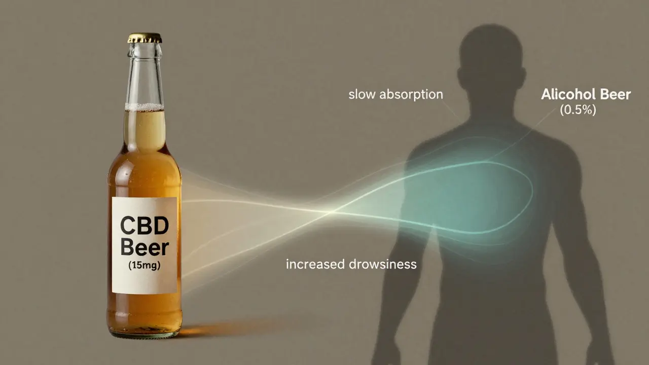 Dvě lahve CBD piva a alkoholického piva s grafickými účinky na tělo.