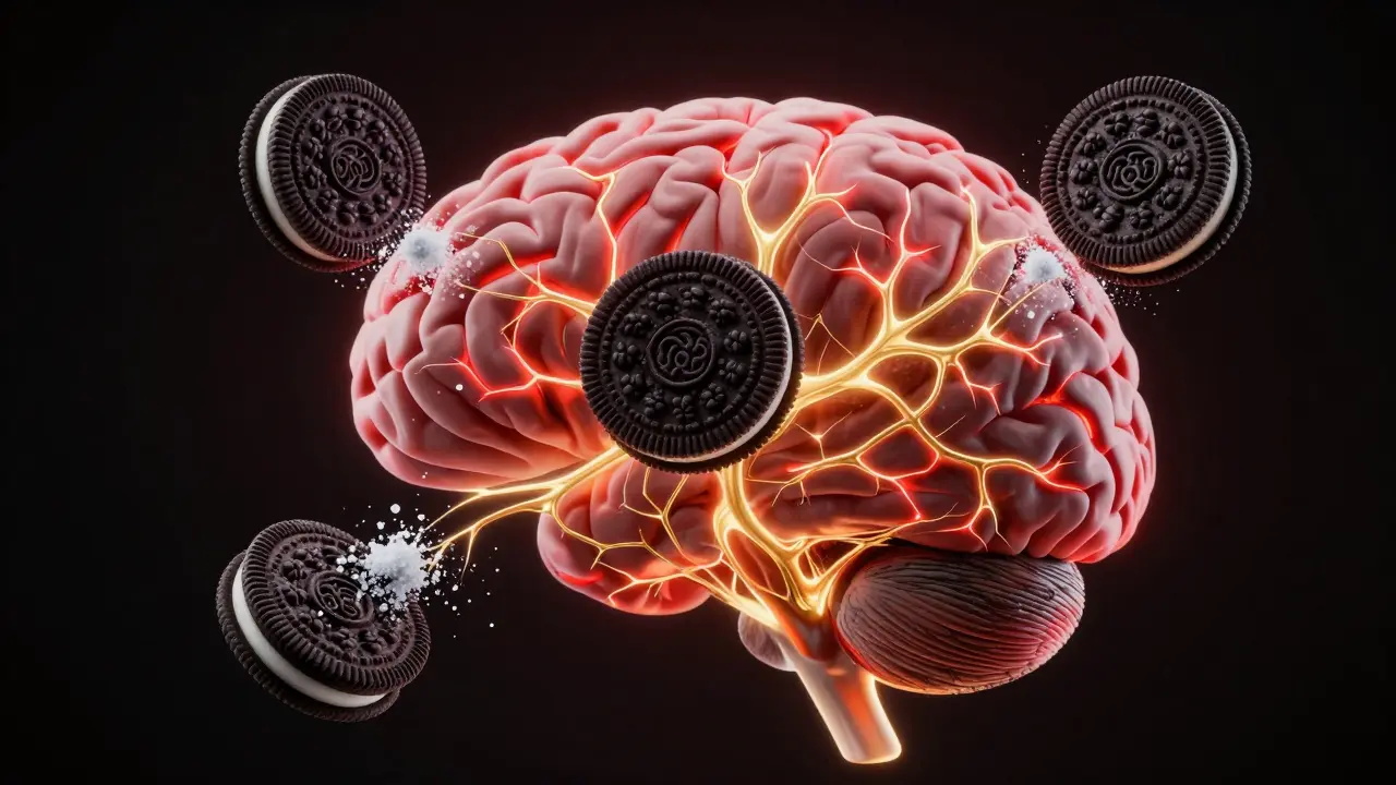 Human brain glowing with neural pathways connected to floating Oreos in surreal scientific style.