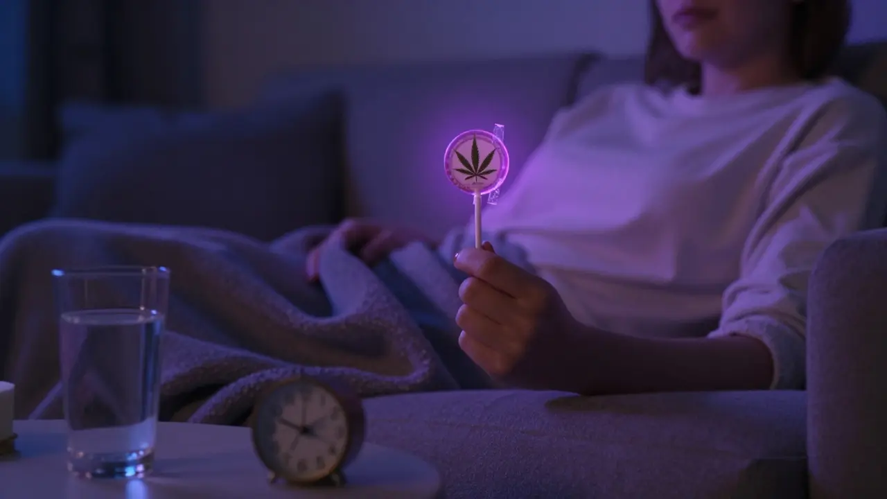 Osoba klidně ležící v nočním prostředí s lollipopem o označené dávce THC, v klidném prostředí.