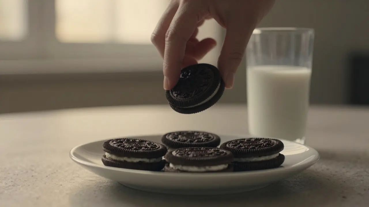 Three Oreos on a plate with a finger reaching toward them, soft afternoon light in background.