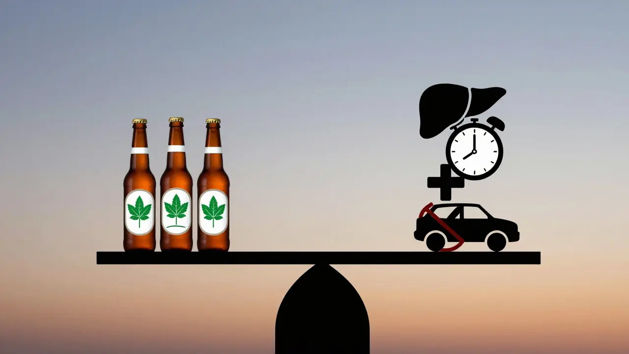 Váha s CBD pivem na jedné straně a varovnými symboly na druhé.