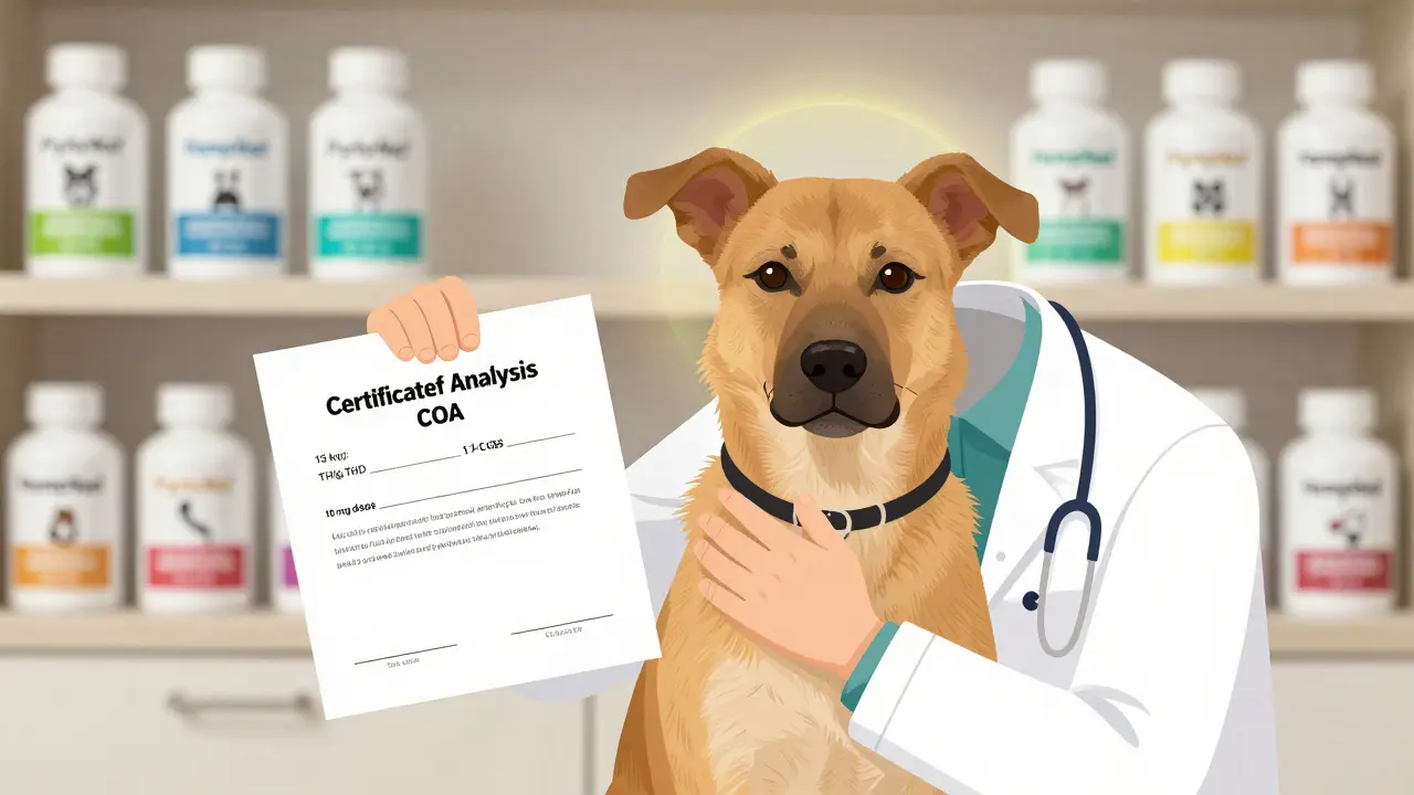 Veterinář drží certifikát čistoty CBD produktu, zatímco pes klidně sedí během vyšetření.
