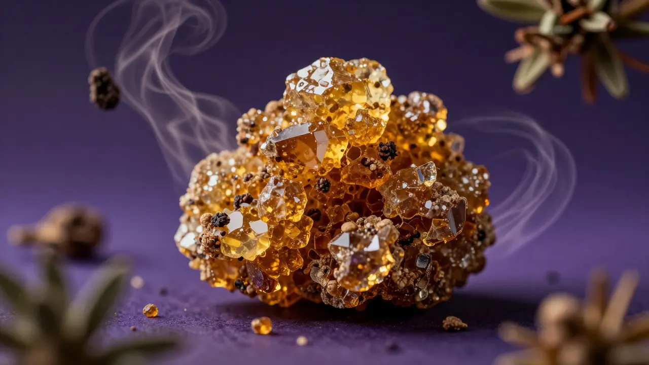 Detail krystalického CBD crumble s abstraktními prvky představujícími terpeny.