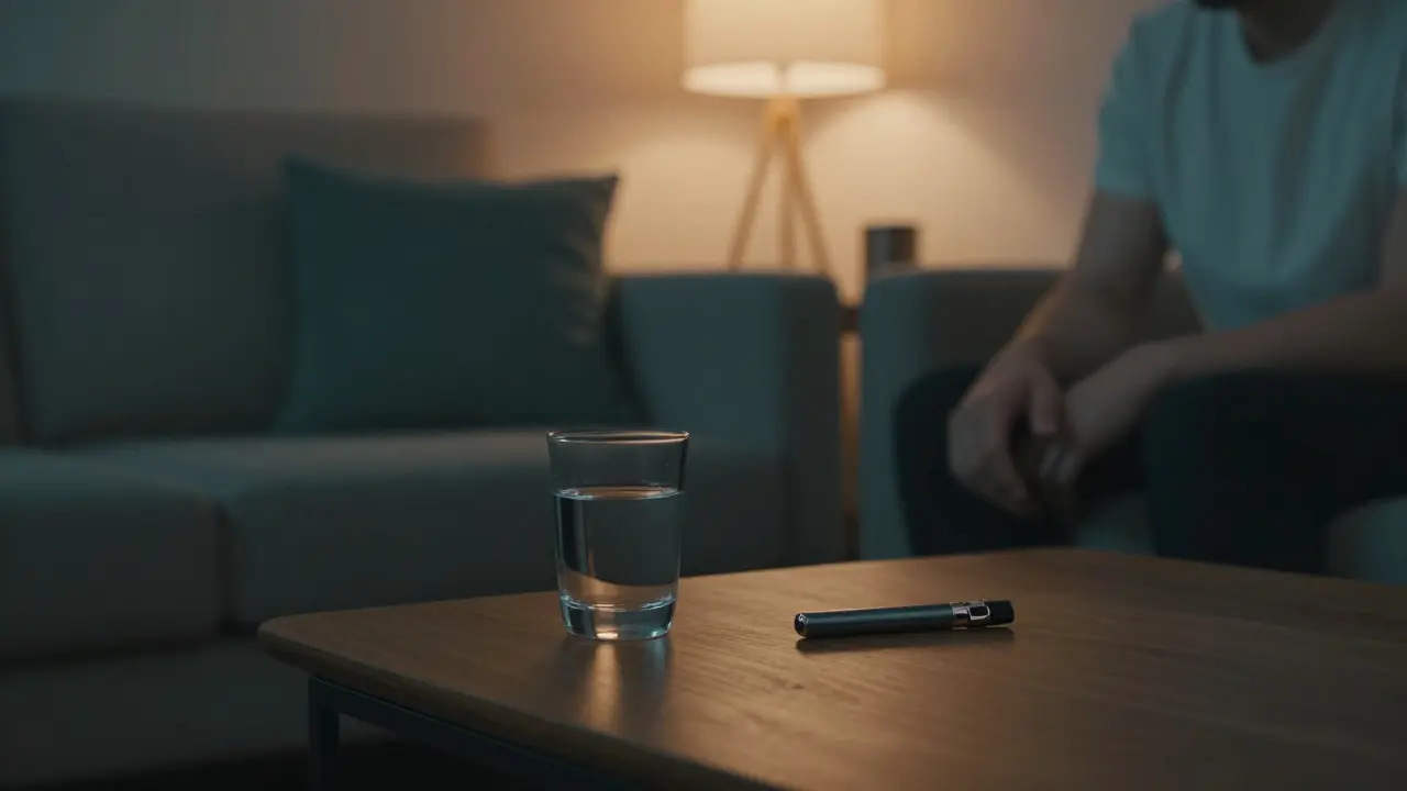 Klidná domácí scéna s člověkem na pohovce, sklenicí vody a vape penem.