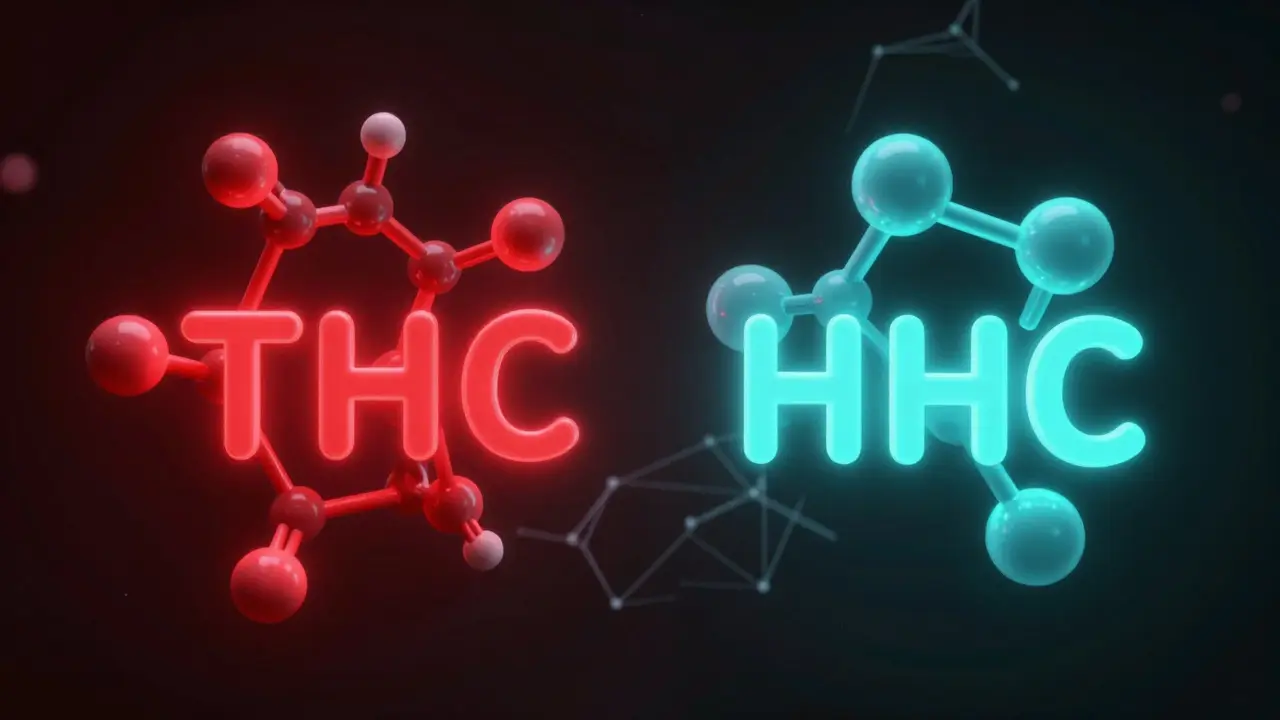 Konceptuální 3D vizualizace molekul THC a HHC v temném vesmírném prostoru.