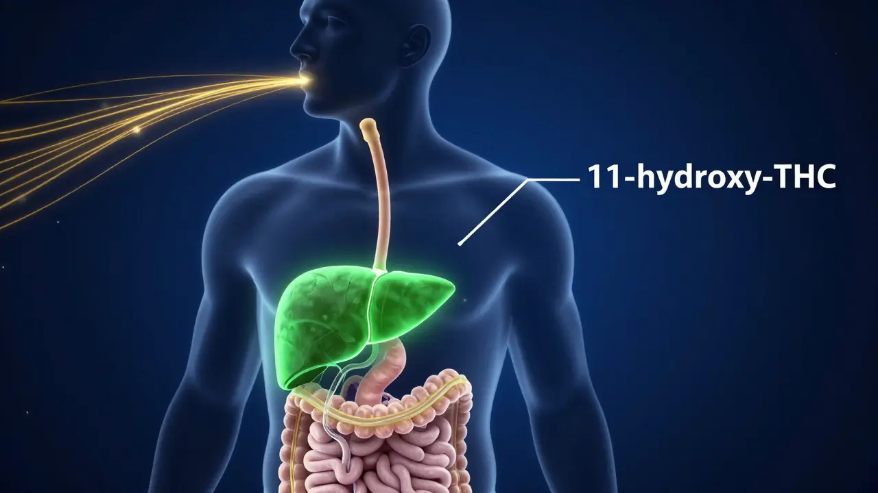 Konceptuální znázornění vstřebávání THC v těle a metabolismu v játrech.