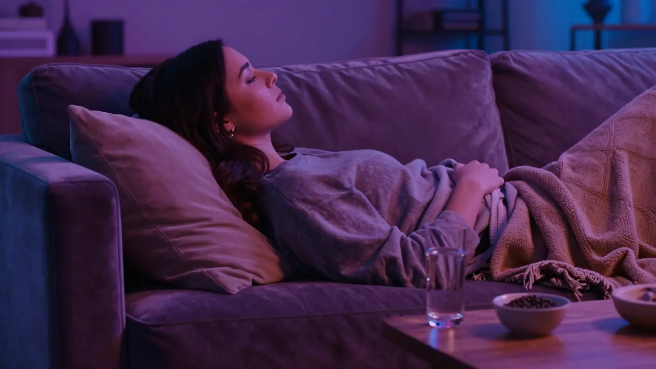 Osoba relaxující na pohovci v uklidňujícím prostředí s vodou a pepřem.
