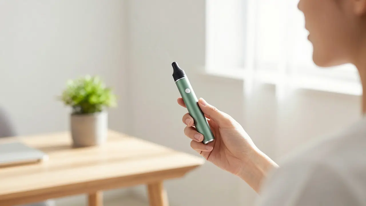 Osoba v přirozeném světle používající CBD vape pro relaxaci a duševní rovnováhu.