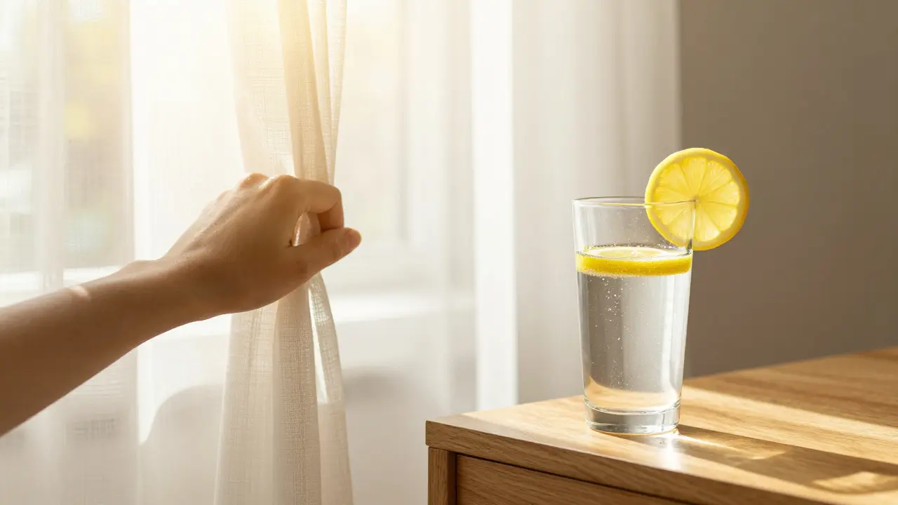 Svěžité ráno s přívratem slunečního světla a sklenicí vody s citronem.