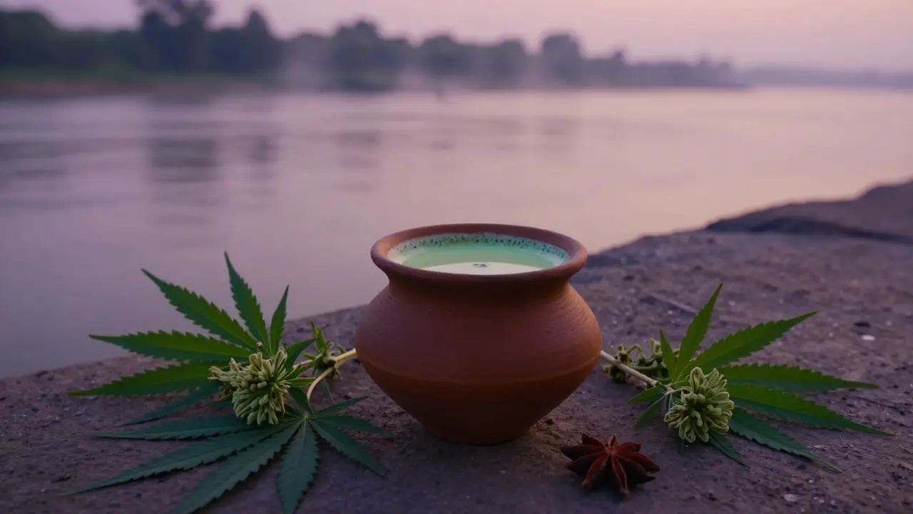 Tradiční indický nápoj bhang v hliněném hrnci s konopnými květy při úsvitu.