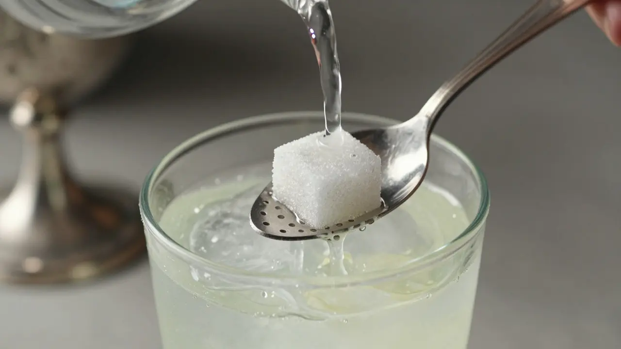 Běžící voda se míchá s absinthem, což způsobuje zakalení tekutiny známé jako louche efekt.