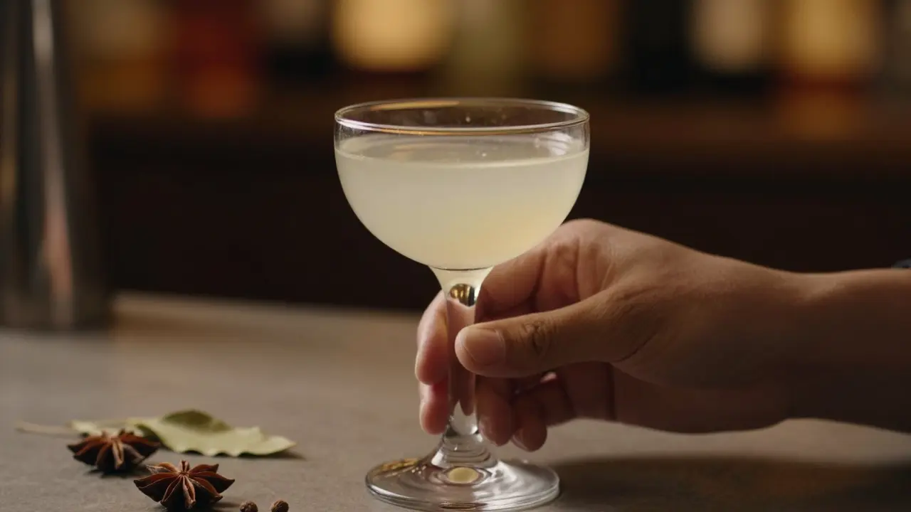 Degustace absintu: ruka drží pohár s mléčně bílým nápojem při večerním světle