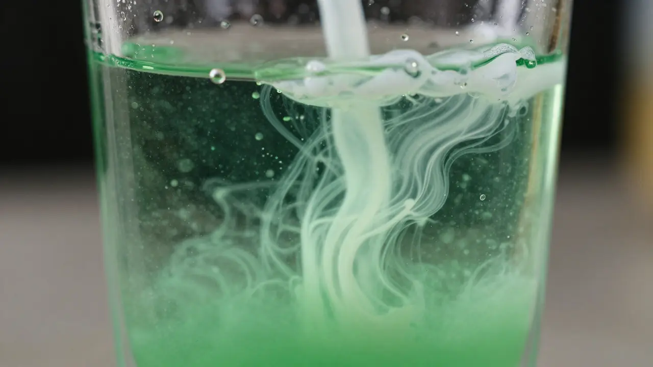 Efekt louche: bílá emulze se rozplývá ve zeleném absintu v poháru