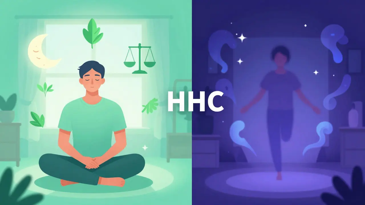 Ilustrace rozdílů mezi klidným účinkem CBD a euforií z HHC