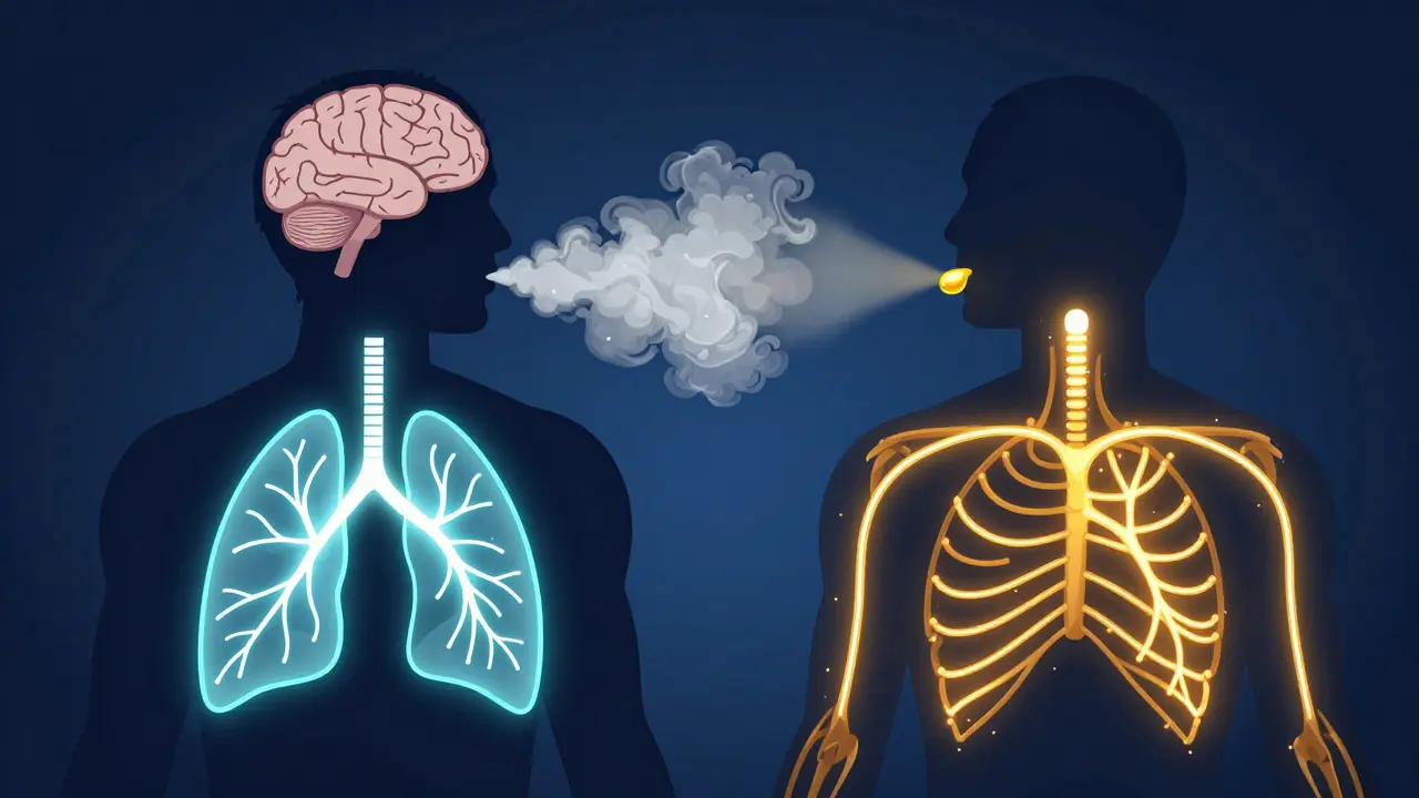 Ilustrace rychlého vstřebávání při inhalaci versus pomalého účinku oleje
