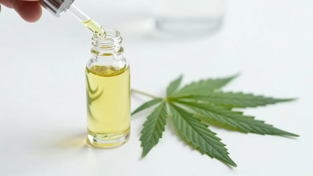 Kapečka s CBD olejem a čerstvý konopný list na laboratorním stole