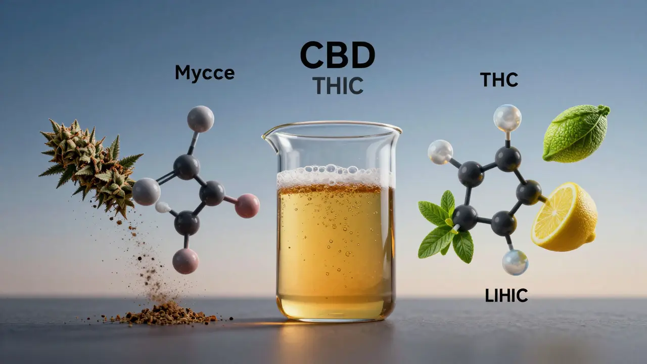 Koncept molekul CBD a terpenů plujících ve sklenici konopného piva